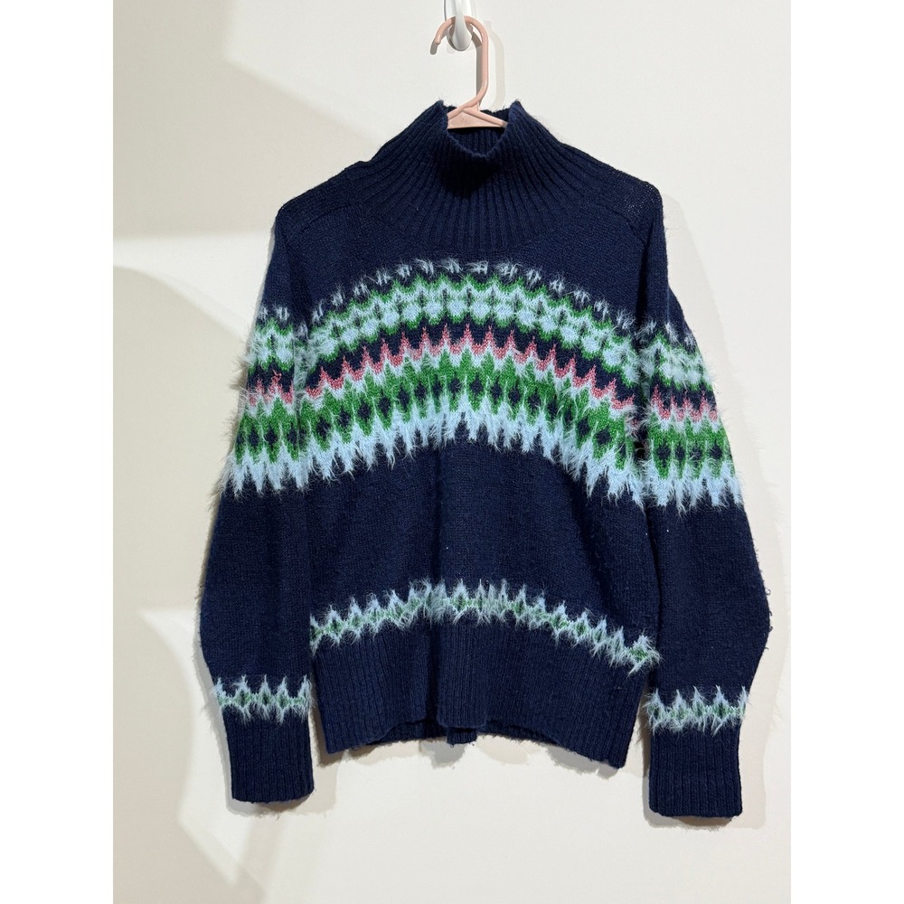 Free Assembly Fair Isle Sweater Womens XS Navy Blue Excellent Eyelash Knit Mock